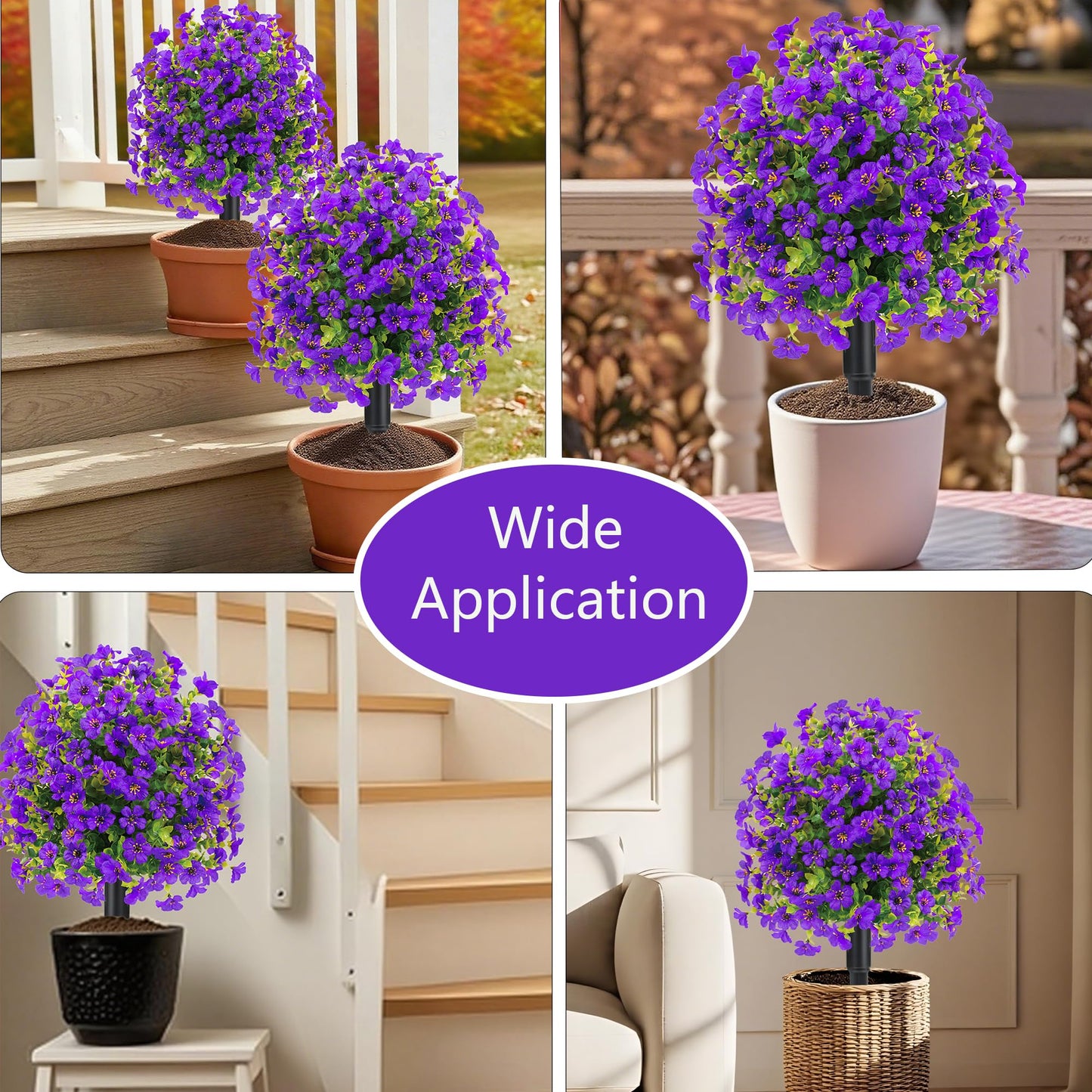 23" Set of 2 Spring Artificial Boxwood Topiary Ball Trees with Spikes,UV Resistant Fake Outdoor shrubs with Violet Flowers, Realistic Faux Plants Bushes for Garden Porch Yard Patio(Purple)