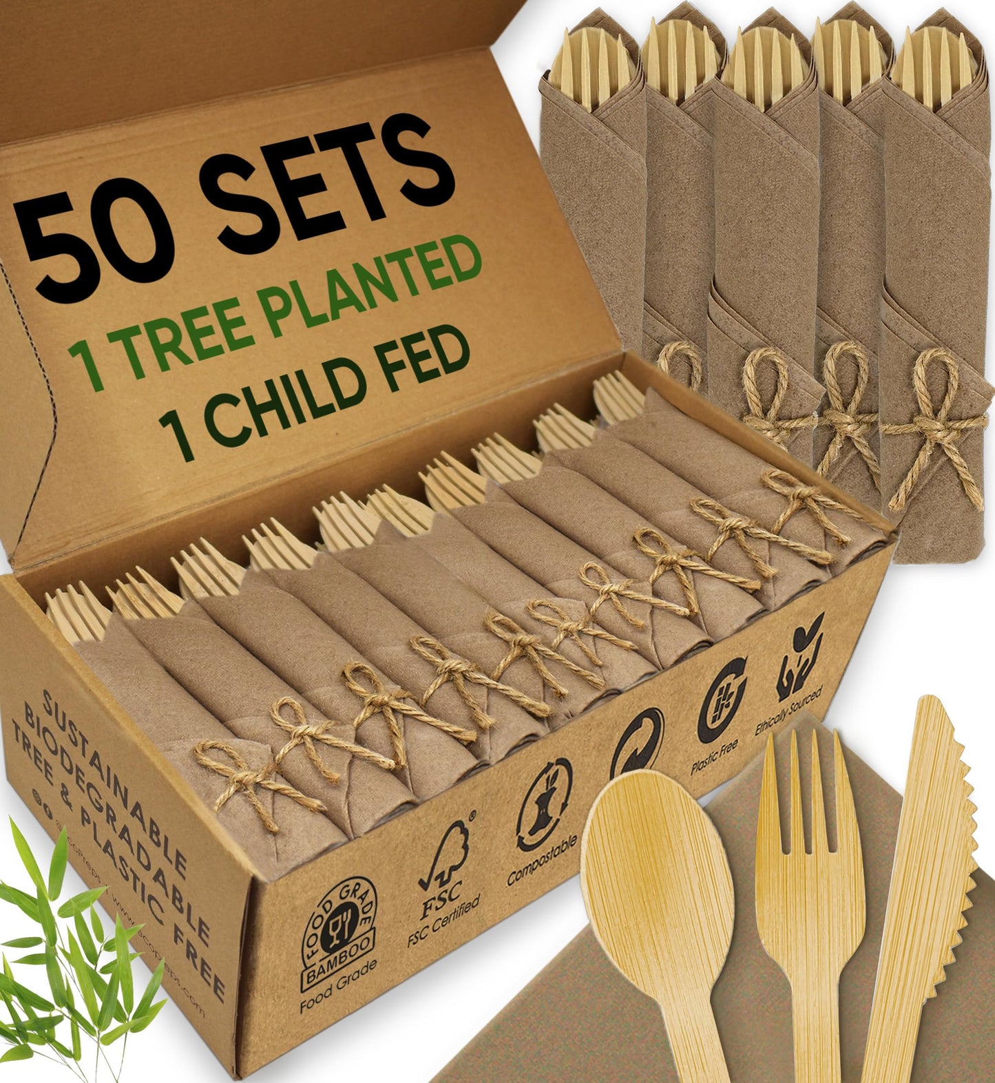 EcoPreps Premium Pre Rolled Brown Paper Napkin and Bamboo Cutlery Set (50 Pack, 200 PCS) 100% Biodegradable, Disposable Wrapped Disposable Silverware Cutlery - Pre-Wrapped Bamboo Forks, Knives, Spoons