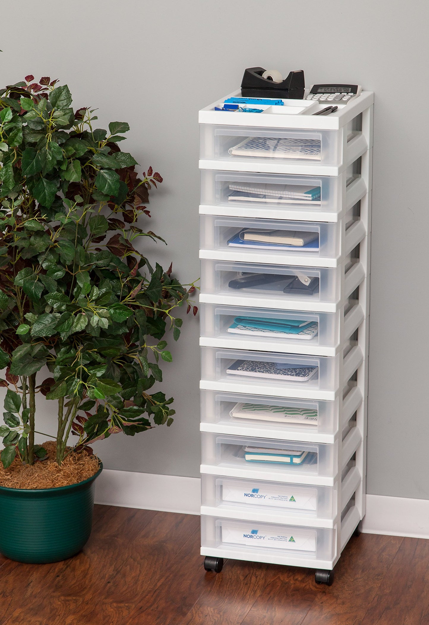 IRIS USA Plastic Drawer Storage Organizer Rolling Cart, with Wheels Casters, 10-Drawers, for Classroom Art Craft Supplies Dresser Closet Bathroom Laundry Room, White/Clear