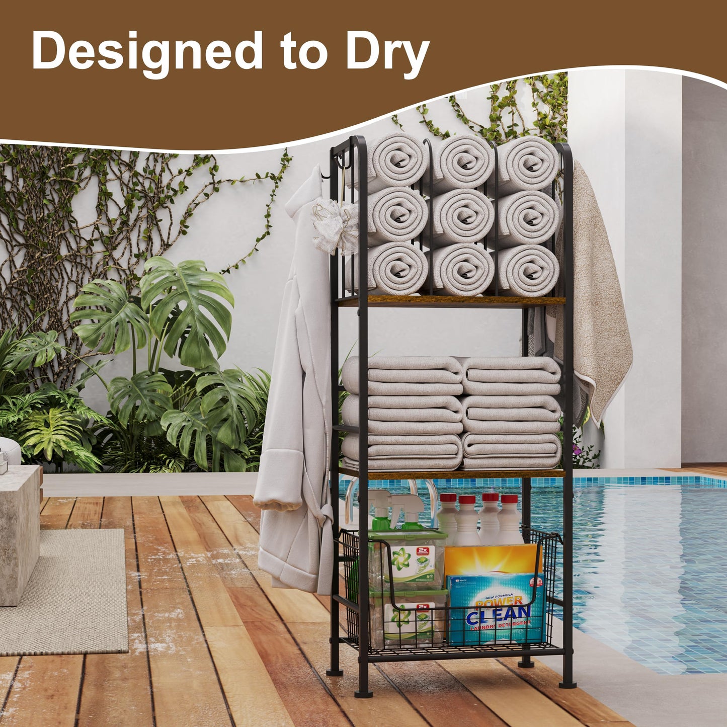 Towel Racks for Bathroom 3-Tier M-Shaped Detachable Dividers, Durable Metal Towel Holder, Pool Items Holder, Space-Saving Storage Organizer, Modern Bath Towel Shelf Free Standing Patent Pending