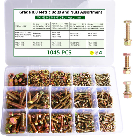 1045PCS M4 M5 M6 M8 M10 Metric Nuts Bolts Washers Assortment Grade 8.8, Heavy Duty Bolts Assortment Nuts Kit, Length from 12 to 30 mm (0.47-1.18 in)