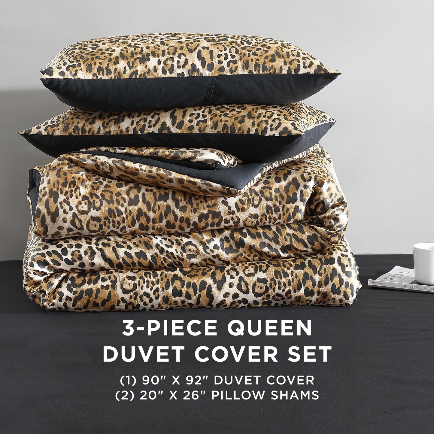 Juicy Couture Full/Queen Leopard Satin Duvet Cover Set - Cheetah Print 3-Piece Machine Washable Reversible Animal Print Bedding Duvet Cover and Sham Set
