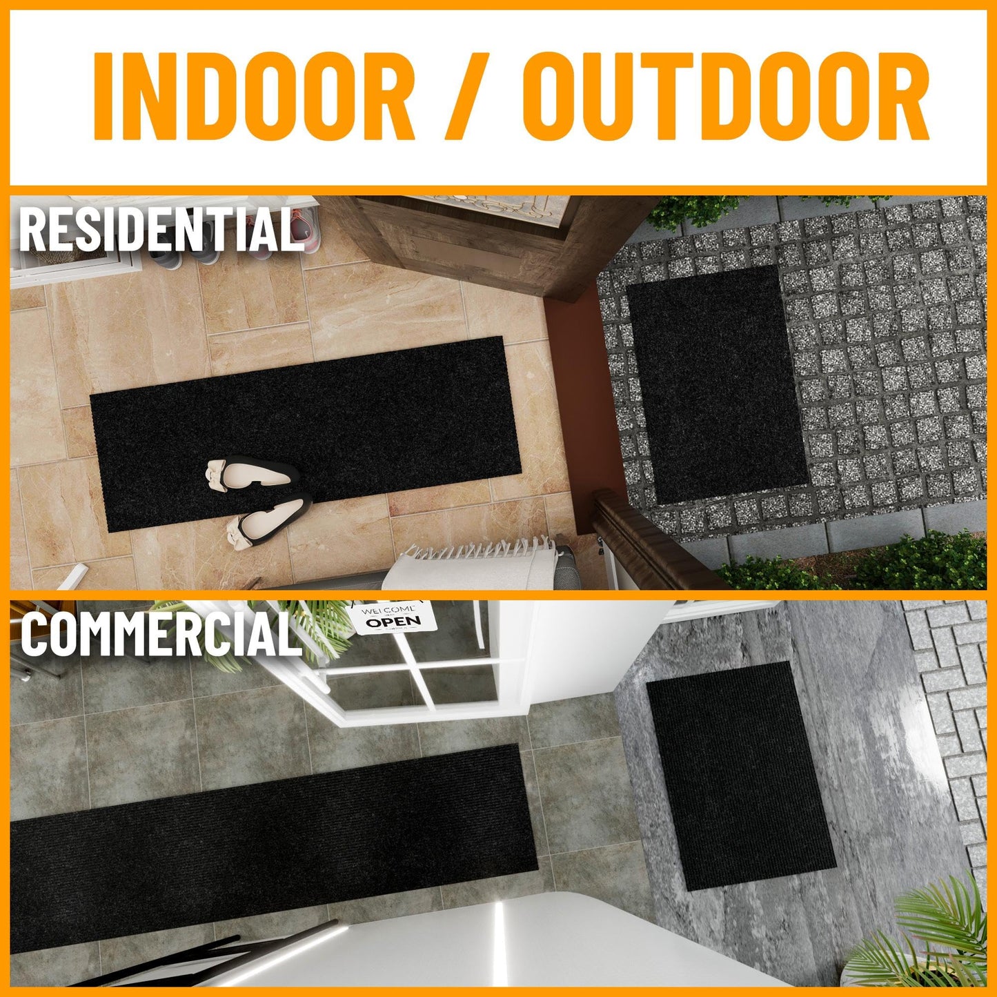 Ottomanson 2' x 10' Hallway Runner with Scraper Pile Extra Durable Non-Slip Rug Mat for Indoor & Outdoor Use - Ideal for Kitchen, Entryway, Patio & Garage - High-Traffic Carpet, Black