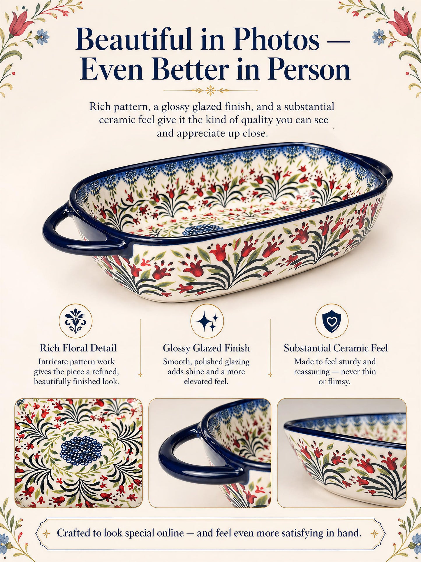 Polish Pottery Style Ceramic Baking Dish Set, 2-Piece Large & Small Casserole Bakers for 2–3 People, Floral Oven-to-Table Bakeware, Microwave & Dishwasher Safe, Gift-Ready with Protective Packaging