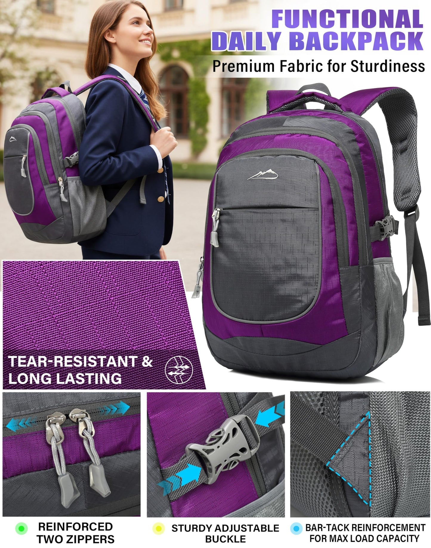 ProEtrade Extra Large Backpack Bookbag for College Travel Laptop Business Hiking Backpack Fit Laptop Up to 17 Inch Sturdy Multi Compartment Gifts for Men Women Night Light Reflective (Light Purple A)
