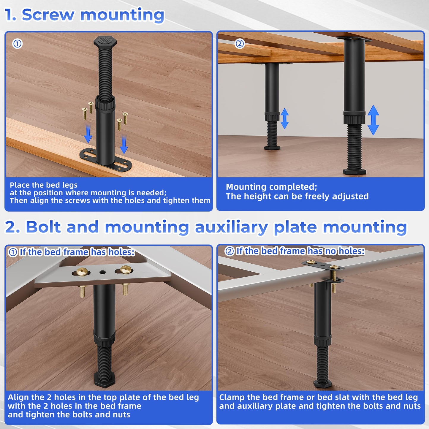 Wlrrcwdttc 6 Pcs Adjustable Height Bed Support Legs 7.08-12.5 inch with Locking Ring, Bed Frame Center Support Legs for Bed Frame/Bed Center Slat/Furniture, Bed Legs Replacement Bed Slats Support Legs