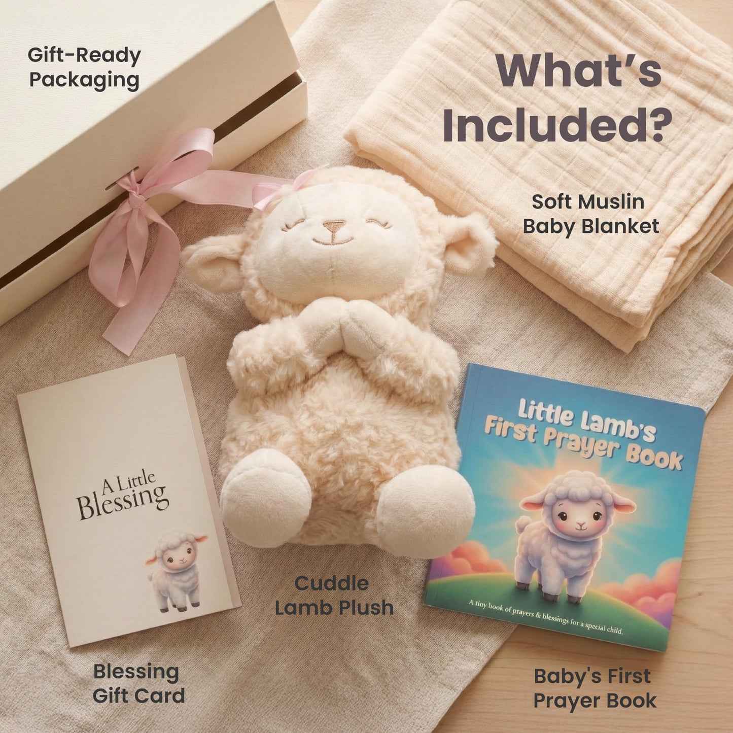Highmark Collective Baptism Gift for Girl – Baptism Set with 10" Praying Lamb Plush Toy (Pink Bow), Bamboo Muslin Blanket & First Prayer Book, Ready to Gift Keepsake Box
