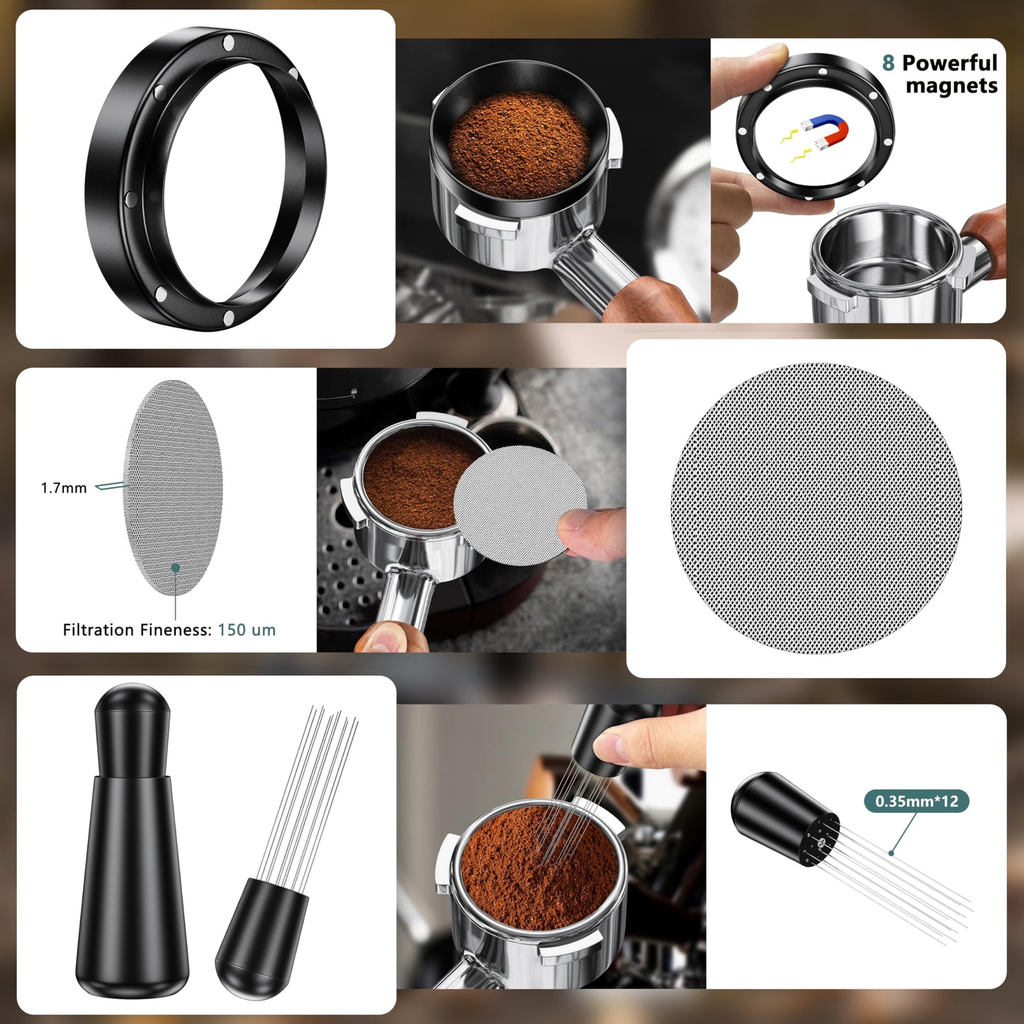 7 Pack Espresso Accessories Kit,54mm Espresso Tool Kit | Espresso Tamping Station | Coffee Distributor Tamper | WDT Tool | Dosing Funnel | Expresso Puck Screen | Christmas Gift for Espresso Lovers
