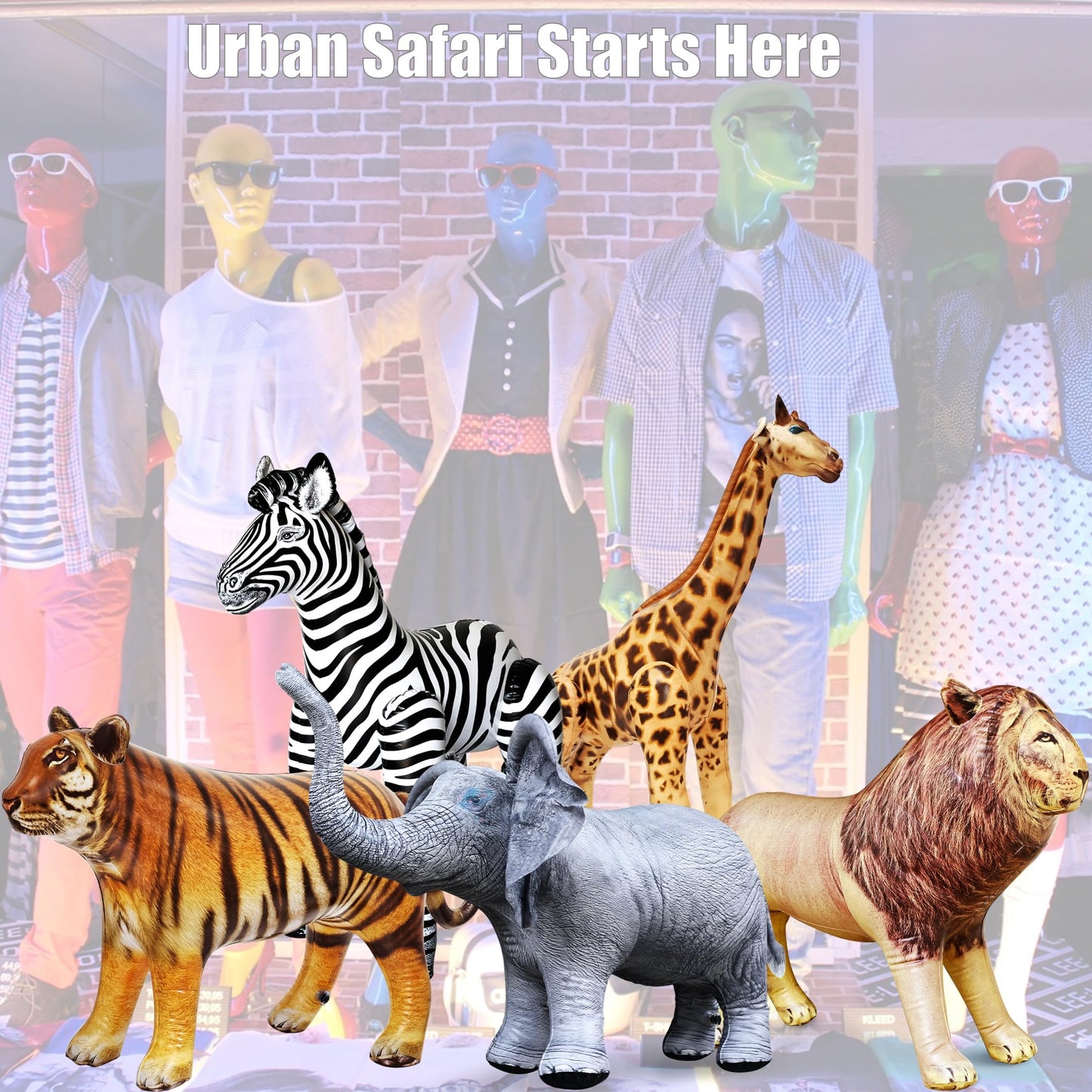 Jet Creations Life on Earth Wildlife Safari Inflatable, 5-PK, Giraffe(36"), Zebra(32"), Elephant(19"), Lion(24"), Tiger(20"), Realistic Animals for Party Decoration, Pool, Birthday, Jungle Photo Prop