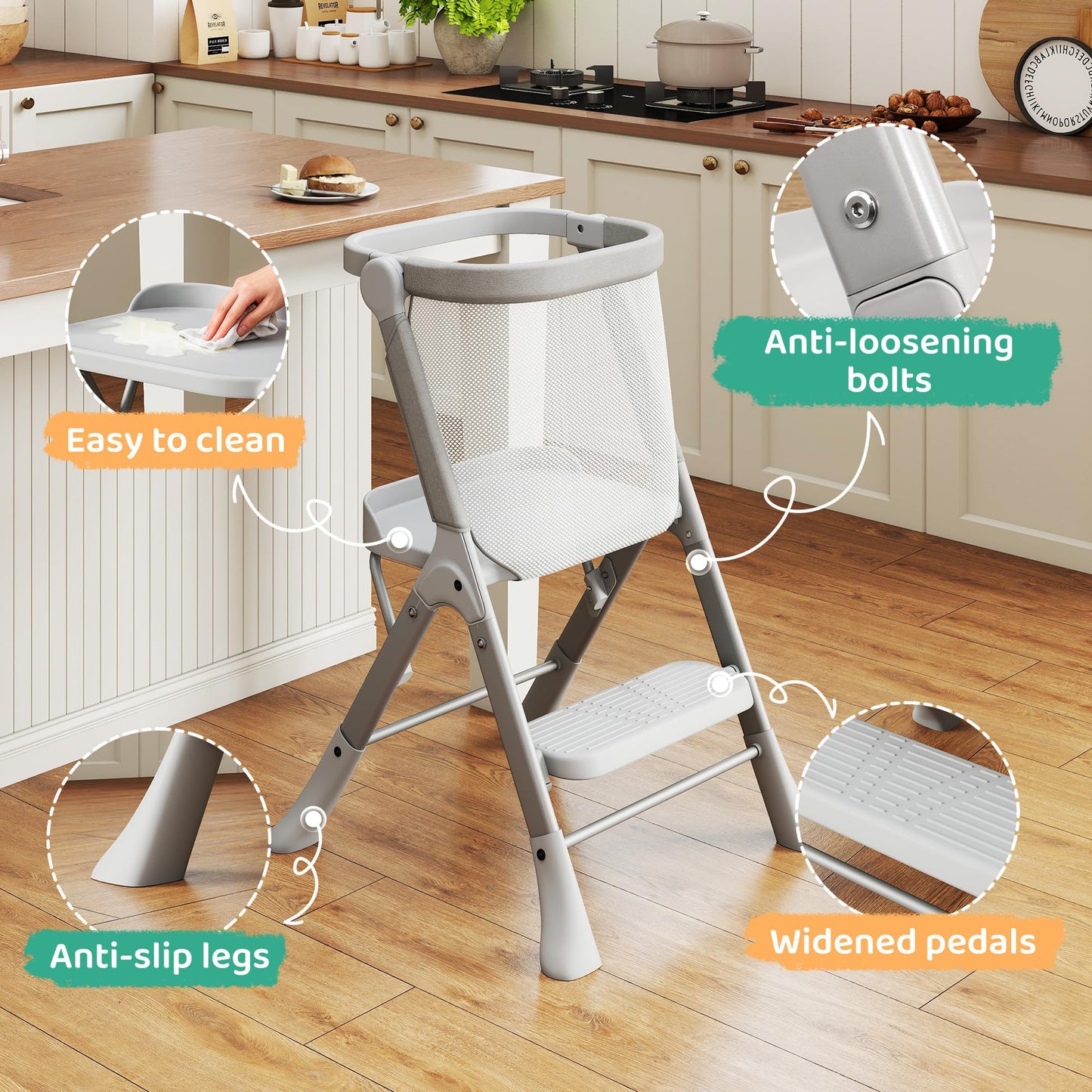 Toddler Tower, Non-Folding Structure for Maximum Stability, Kitchen Stool Helper with Anti-Tipping Structure and Safety Net, Ultra-Secure, Ideal for Toddlers 18 Months to 4 Years, Gray