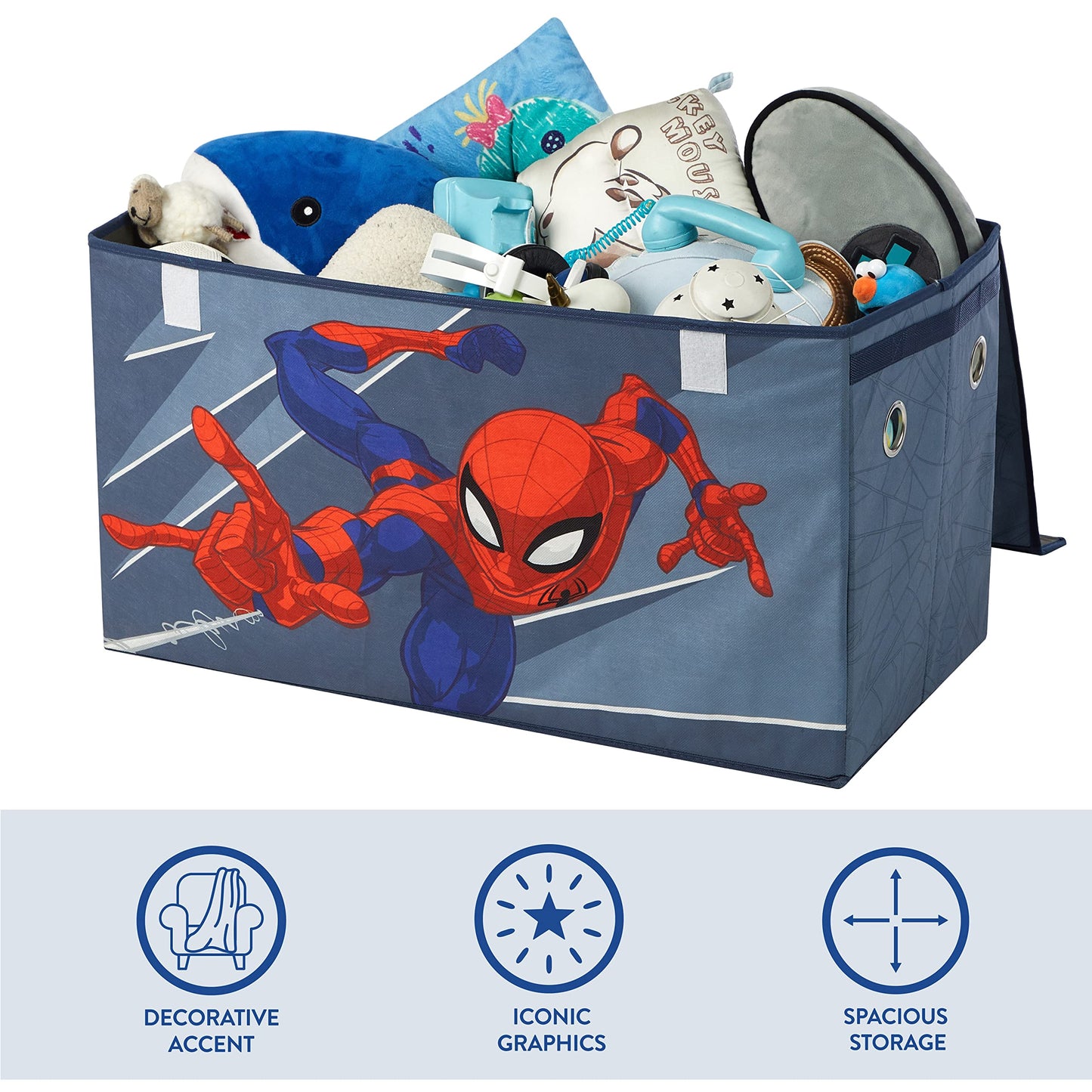 Marvel Spiderman Toy Storage Trunk for Kids,Collapsible Organizer with Soft Lid, Durable Fabric, 28.5x14.5x16, Blue Chest for Bedroom & Playroom