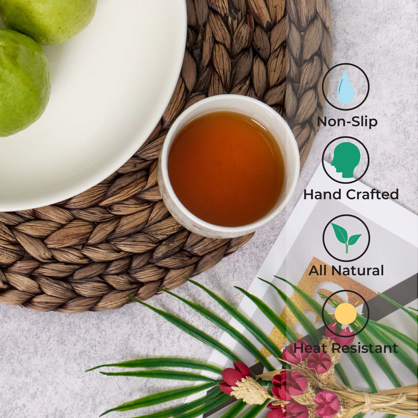 (4 Sizes: 12"-13"-14"-15") BARIEN Rustic Woven Placemats Round Set of 10, Natural Water Hyacinth Weave Placemat for Dining Table, Large Handmade Woven Placemats Heat Resistant Non-Slip (13" - Set 10)