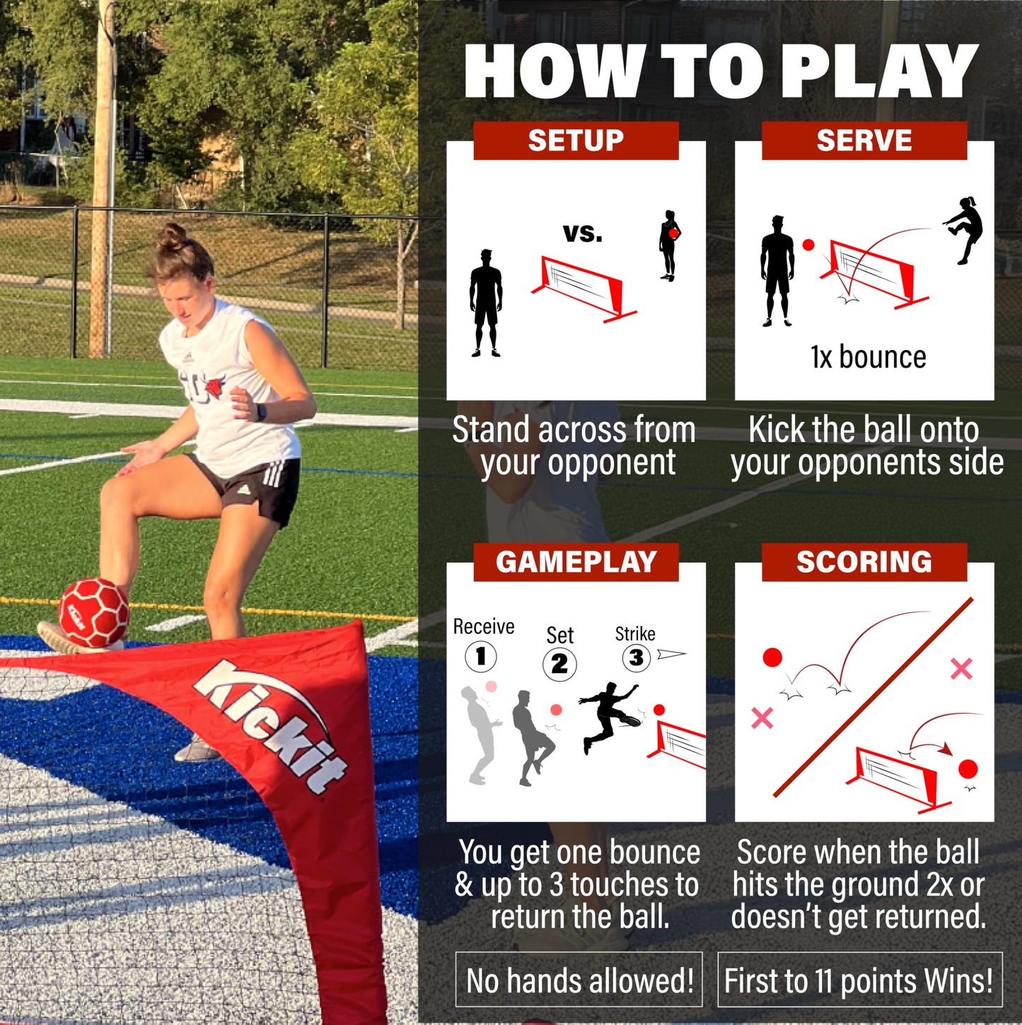 KickIt Soccer Tennis Game Set, Portable 6.5' Wide x 2' High Net with Soft Lightweight Ball, Red, Metal, Complete Skills Training, Outdoors Indoors Backyard Beach, Travel Friendly, Ages 7+
