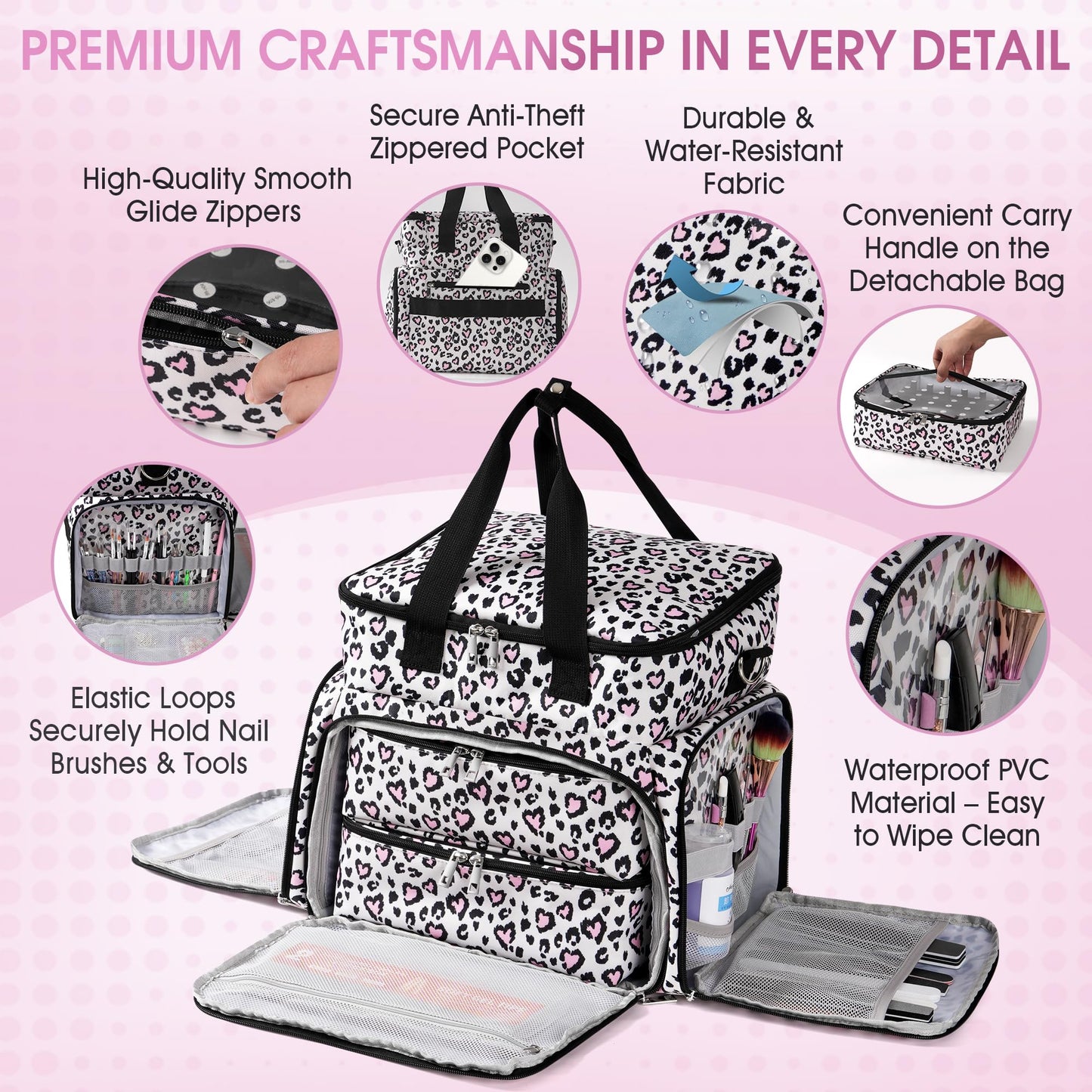 DERSTUEWE Extra Large Nail Polish Organizer Case Holds 72 Bottles, Nail Polish Storage Bag with 2 Removable Compartments, Fits UV Lamp & Nail Tools, Travel Tote for Manicurists & Home Use