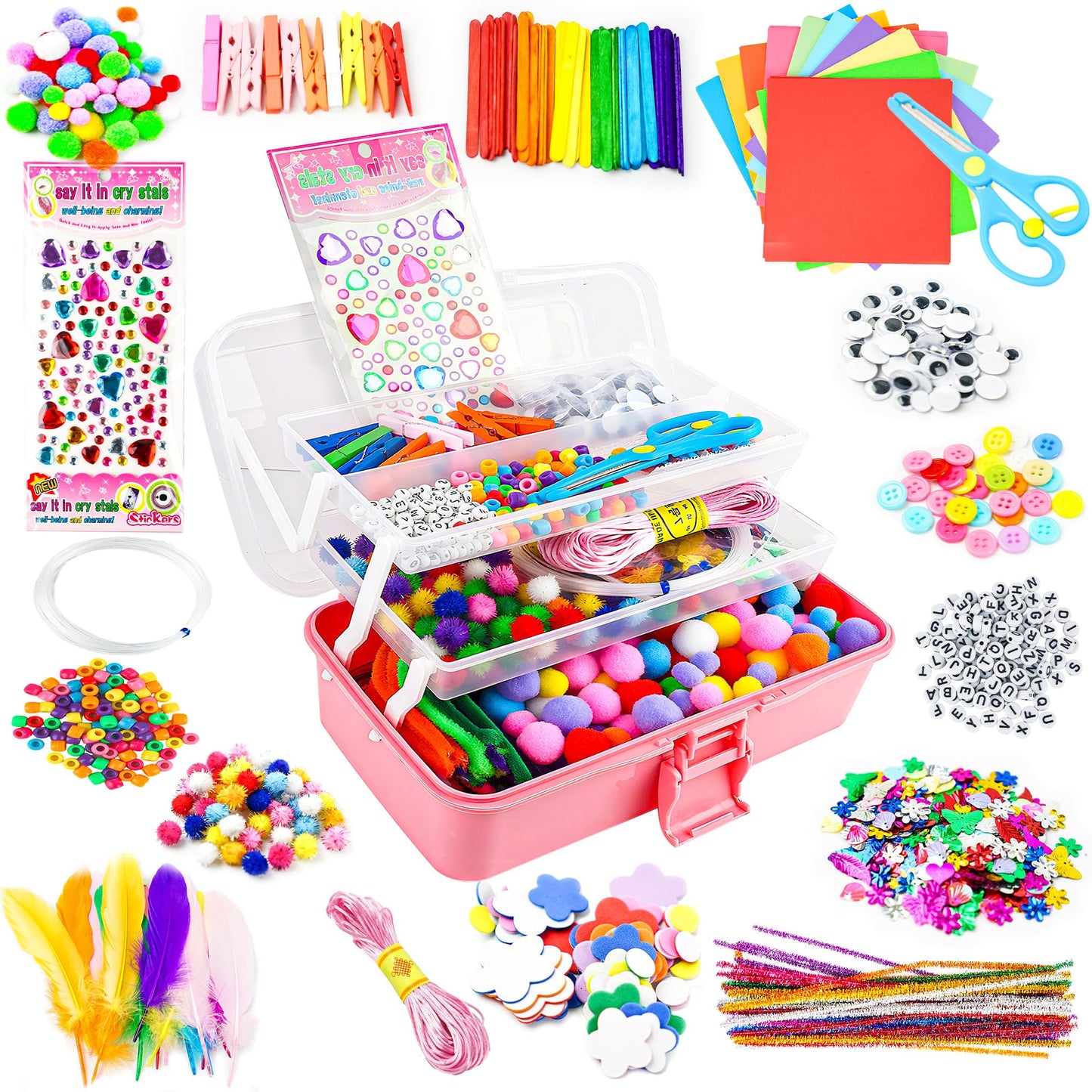 SMILESSKIDDO Arts Craft Supplies for Kids - 1000+ PCS Toddler DIY Craft Art Supply Set, Portable 3 Layered Folding Storage Box School Craft Projects - Gifts for Girls Crafts for Girls Ages Pink