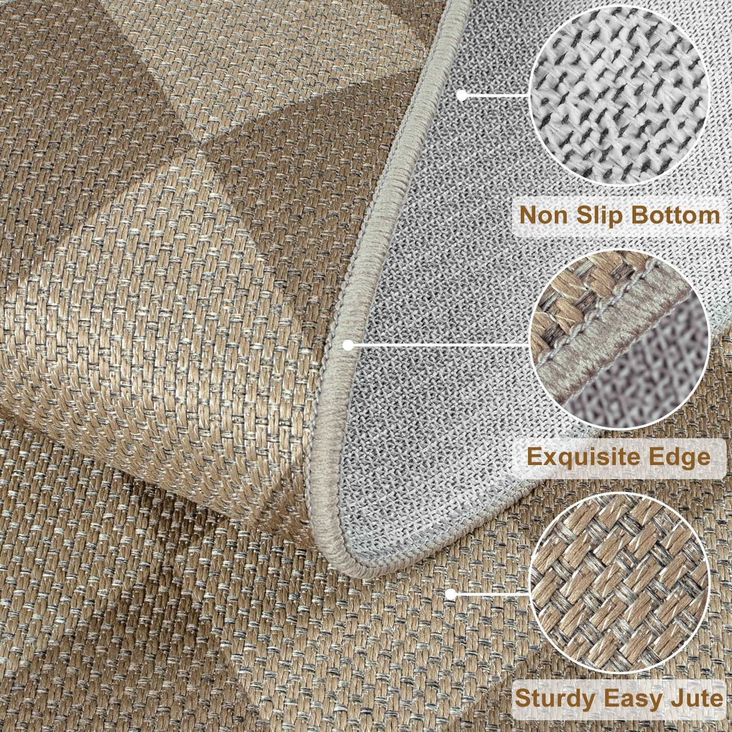 Rugalia Easy Jute Checkered Runner Rug, 2.6x8 Brown Modern Washable Rugs Runner for Hallway Non-Slip Kitchen Runner Rug, Geometric Diamond Indoor Outdoor Carpet for Porch Laundry Entryway