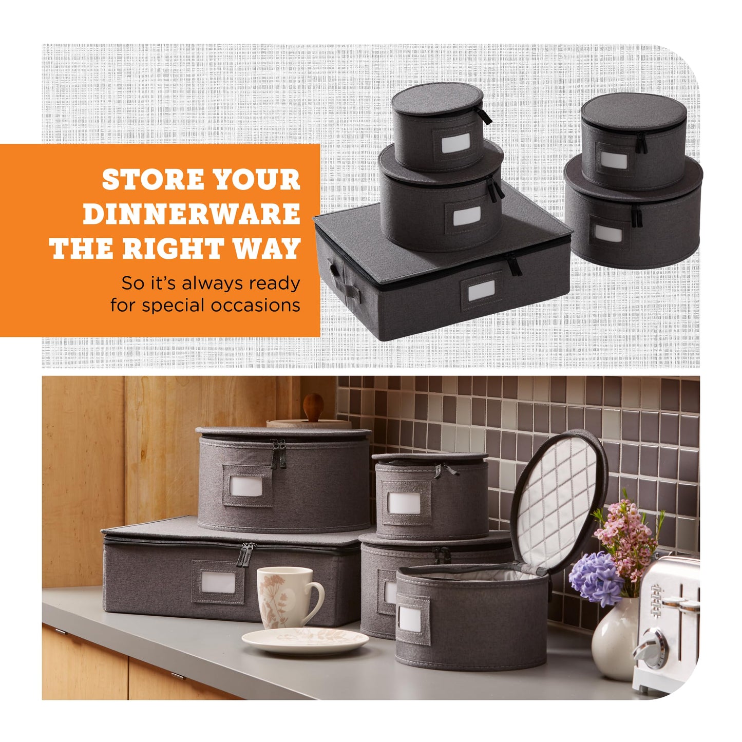 storageLAB China Storage Containers, Hard Shell Case with Felt Dividers for Charger Plates, and Dishes, Ideal for Kitchen Organization, Moving Supplies, and Fine China Storage - 5-Piece Set, Gray
