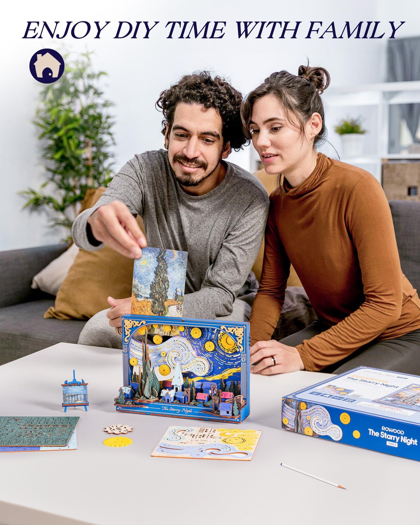 Rowood Starry Night 3D Puzzle Building Set with LED,Wooden Vincent Van Gogh Painting Artwork Craft Kits for Adults,Home Decor Botanical Collection Gift on Christmas