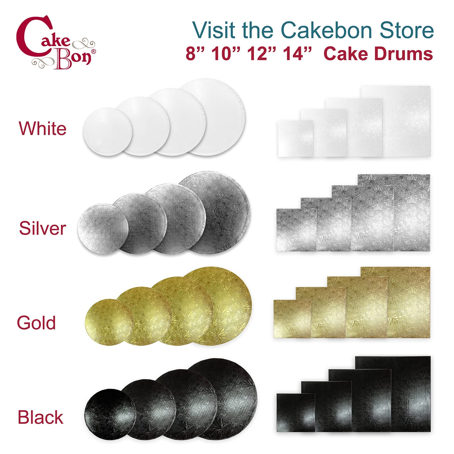 Cakebon Cake Boards - Sturdy 1/2 Thick Drums - 12 Inch Professional Fully Wrapped Edges White 12-Pack