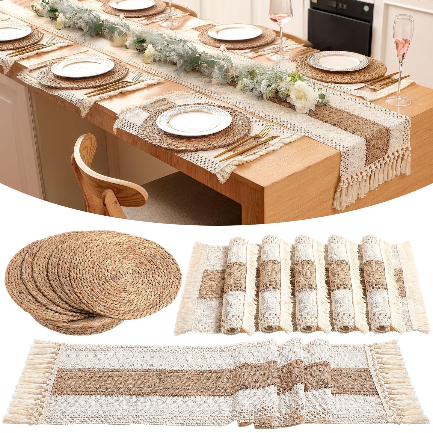 Gandeer Boho Placemats 4/6/8 Set of Round Woven Placemat Macrame Style Bicolor Stitching Long Table Runner Farmhouse Rustic Natural Burlap Cotton for Kitchen Dining Table(6 Sets,Brown,12x72)