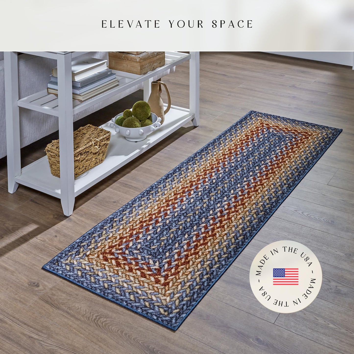 Maples Rugs Marion Bohemian Braided-Style Print Runner Rug – Made in USA – Washable, Non-Slip Indoor Runner for Hallway, Kitchen, and Laundry Room, 2' x 6', Multi-Color