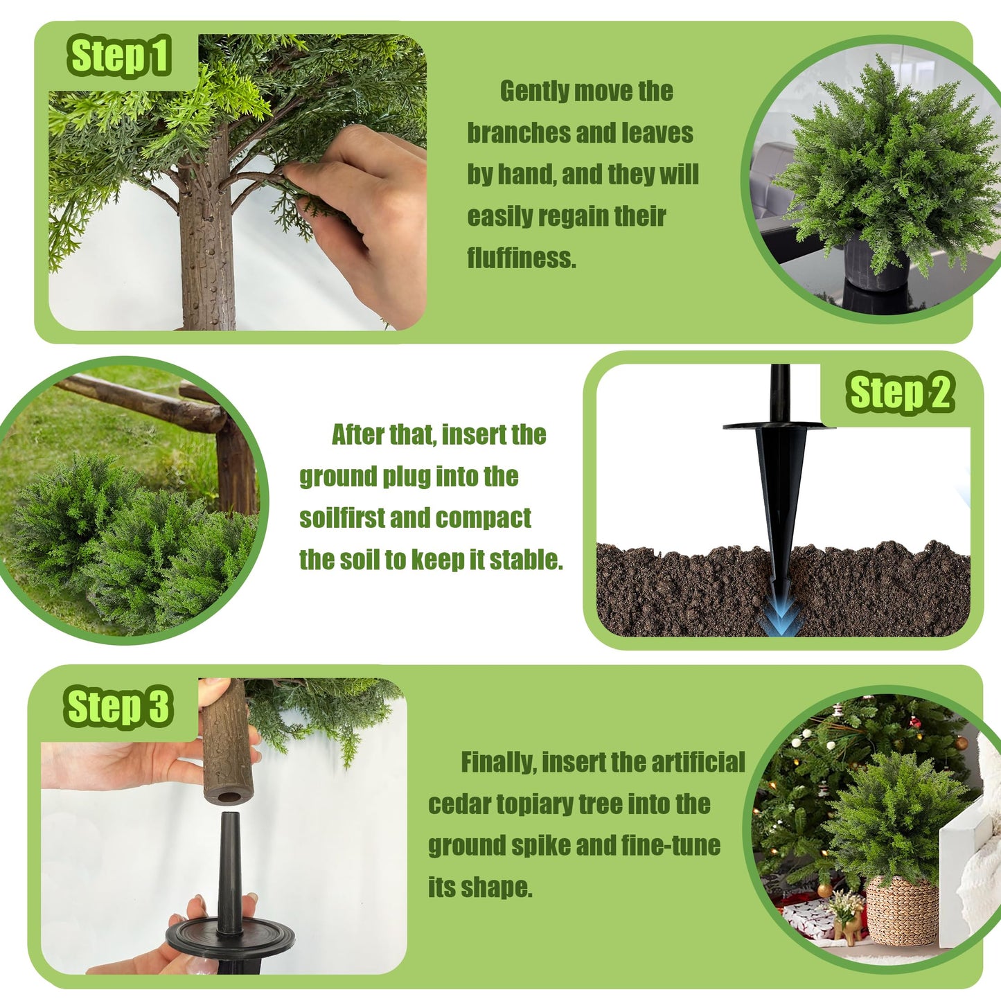 DOPGIB Artificial Cedar Topiary Ball Tree with Ground Spike: 23 Inch 2 Pack UV Resistant Faux Green Cypress Shrubs Plants Fake Bushes for Front Porch, Garden, Indoor and Outdoor Home Decor
