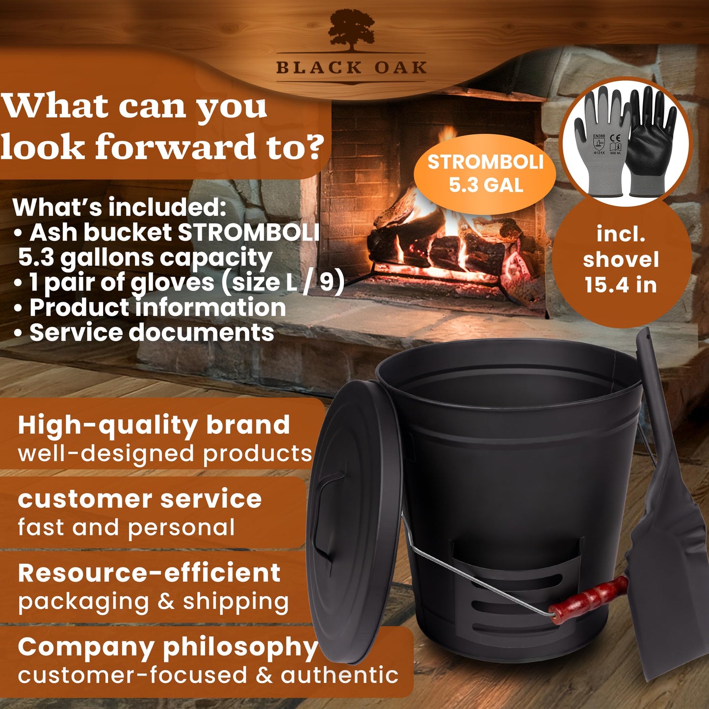 BLACK OAK Ash Bucket Stromboli 5.3 GAL –Black with lid, Shovel & Gloves –Silver Handle –Large 20L, Fireproof Galvanized Steel & Powder-Coated, ash & Coal, Fireplace, Tiled Stove, Wood-Burning Stove