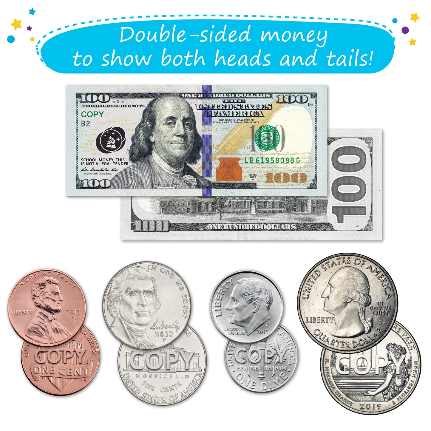 48 PCS Large Double-Sided Magnetic Money - Play Money for Kids for Learning, Pretend Money for Classroom, Toy Money, Play Coins for Kids, Money Games, Practice, Money Manipulatives, Class Money Set