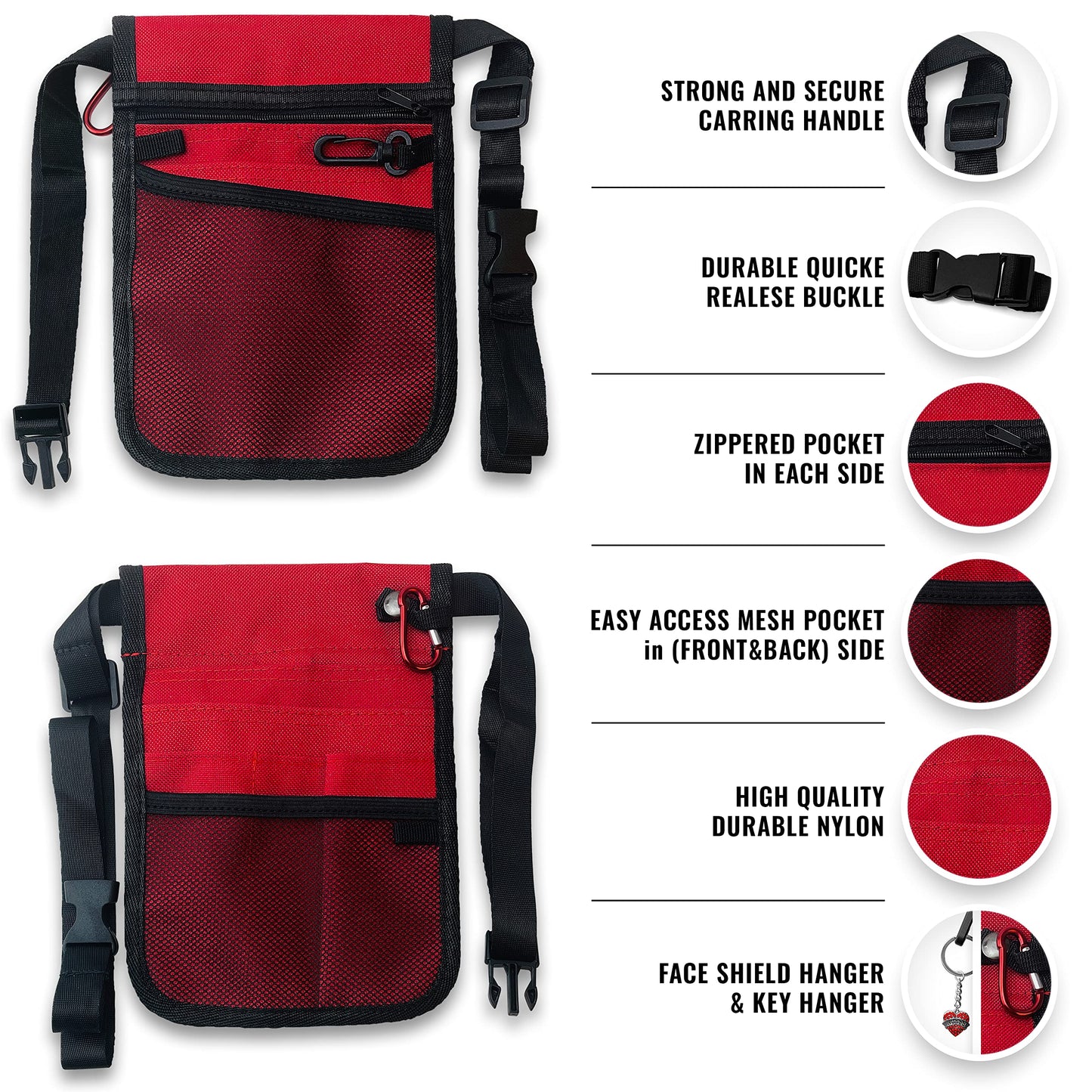 ASA TECHMED Durable Nurse Travel Bag with Nursing Supplies for Nurses, Multi-Pocketed Heavy-Duty Nylon, Adjustable Shoulder Strap (Red)