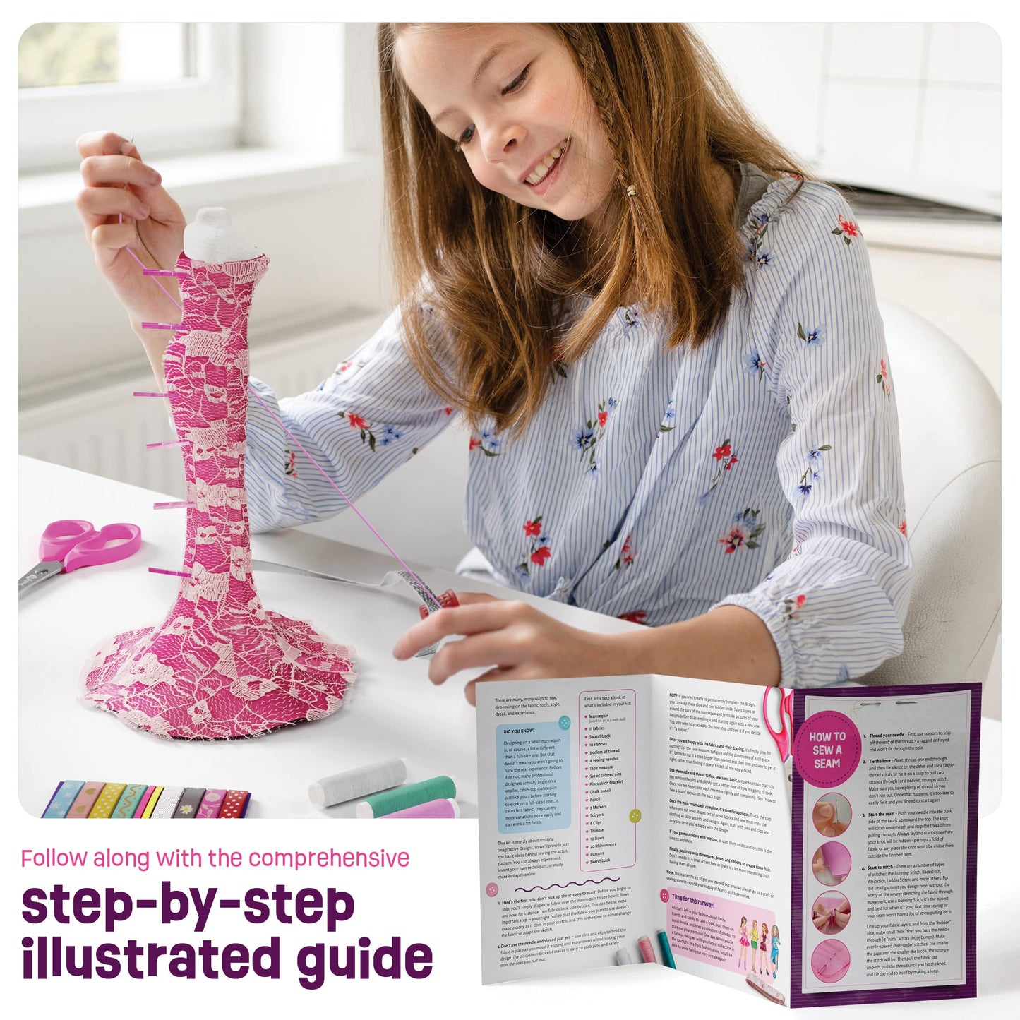 Pretty Me Fashion Design Studio - Sewing Kit for Kids - Designer Dress Girls Arts Crafts Kits Ages 8, 9, 10, 11, 12 Age - Sketch, Sew, Style - Kid Art Projects Gift - Girl Craft Activities Gifts