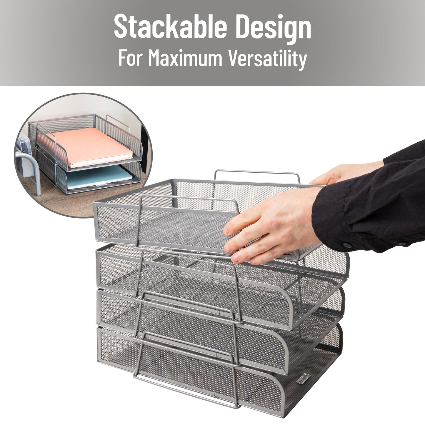 Mind Reader Stackable Paper Tray, Desktop Organizer, File Storage, Office, Metal Mesh, 10.5" L x 13.5" W x 11.25" H, 4 Pcs., Silver