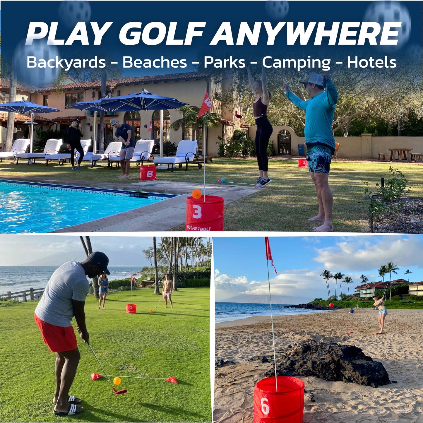 bucketgolf Game 3 Hole Starter Set - New Outdoor Yard Golf Game Levels Family, Adults, Kids, Party, Lawn, Camping, Beach