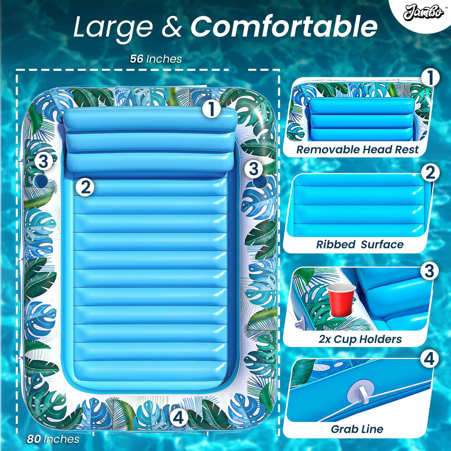 JAMBO Extra Large 80" x 56" Tanning Pool Lounger Float, Sun Tanning Pool Float, Inflatable Water Lounge Raft, Pool Lounger for Adults, Tanning Raft Float, Big Pool Tub, Water Tanning Bed, Kiddie Pool