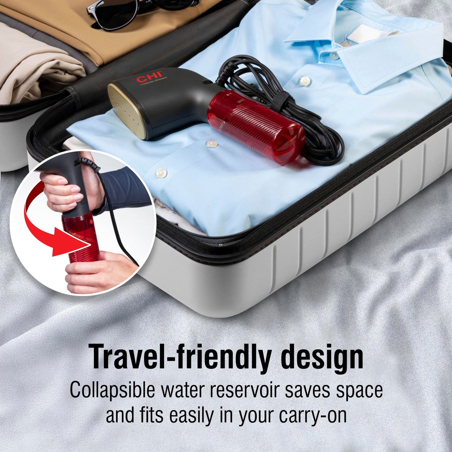 CHI Collapsible Travel 2-in-1 Handheld Garment Steamer & Steam Iron for Clothes, Large 120 ml Water Tank For up to 6 Minutes of Use, Collapses for Compact Storage, Fast Heatup, 10’ Cord, Black (11611)