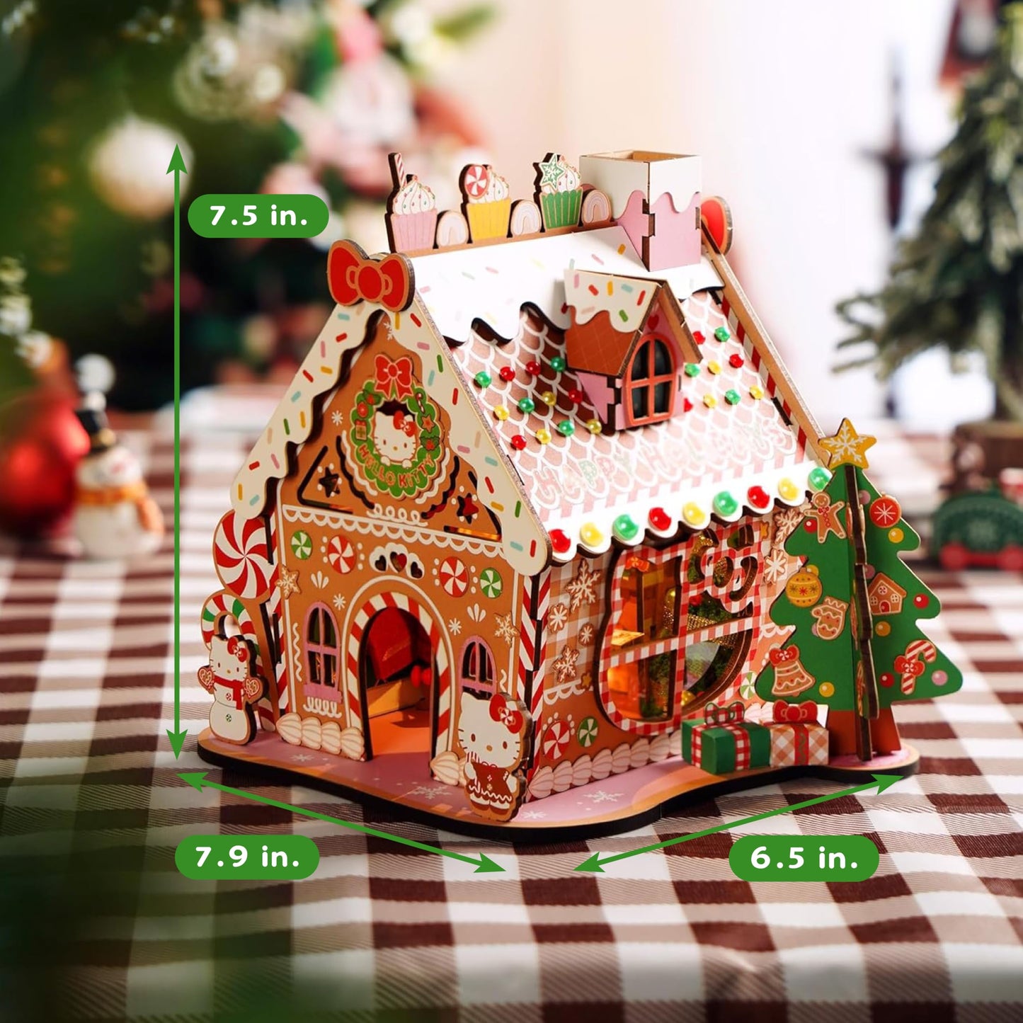 Hello Kitty Gingerbread House Kit – Wooden Holiday 3D Puzzle. DIY Christmas Craft Set, Winter Home Decor Holiday Display, Christmas Decoration and 3D Model for Ages 14 and Up