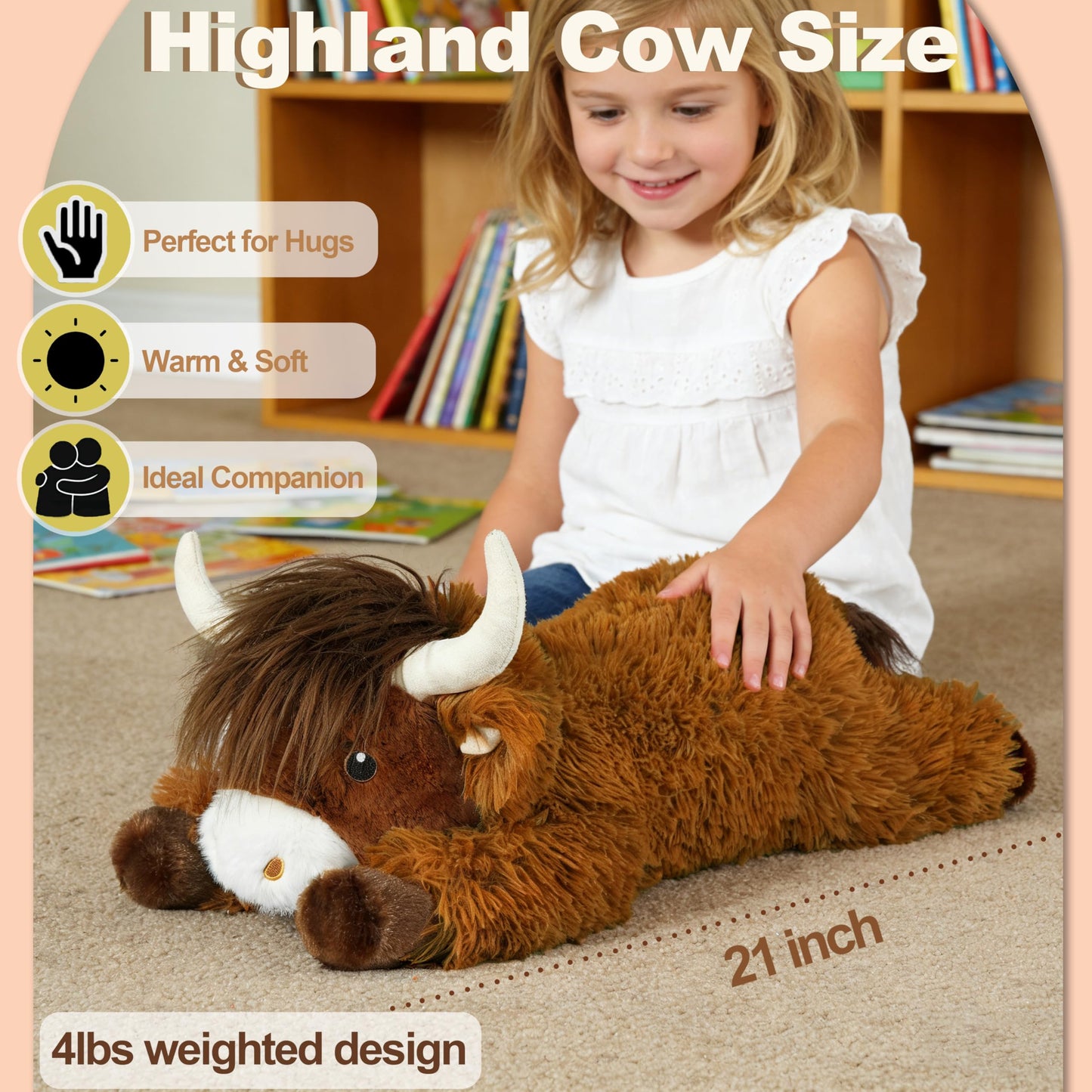4 lbs Weighted Stuffed Animals, Cute Highland Cow Stuffed Animals-Weighted Cow Plush Toy Gifts for Kids,Adults,Boys and Girls (21inch)