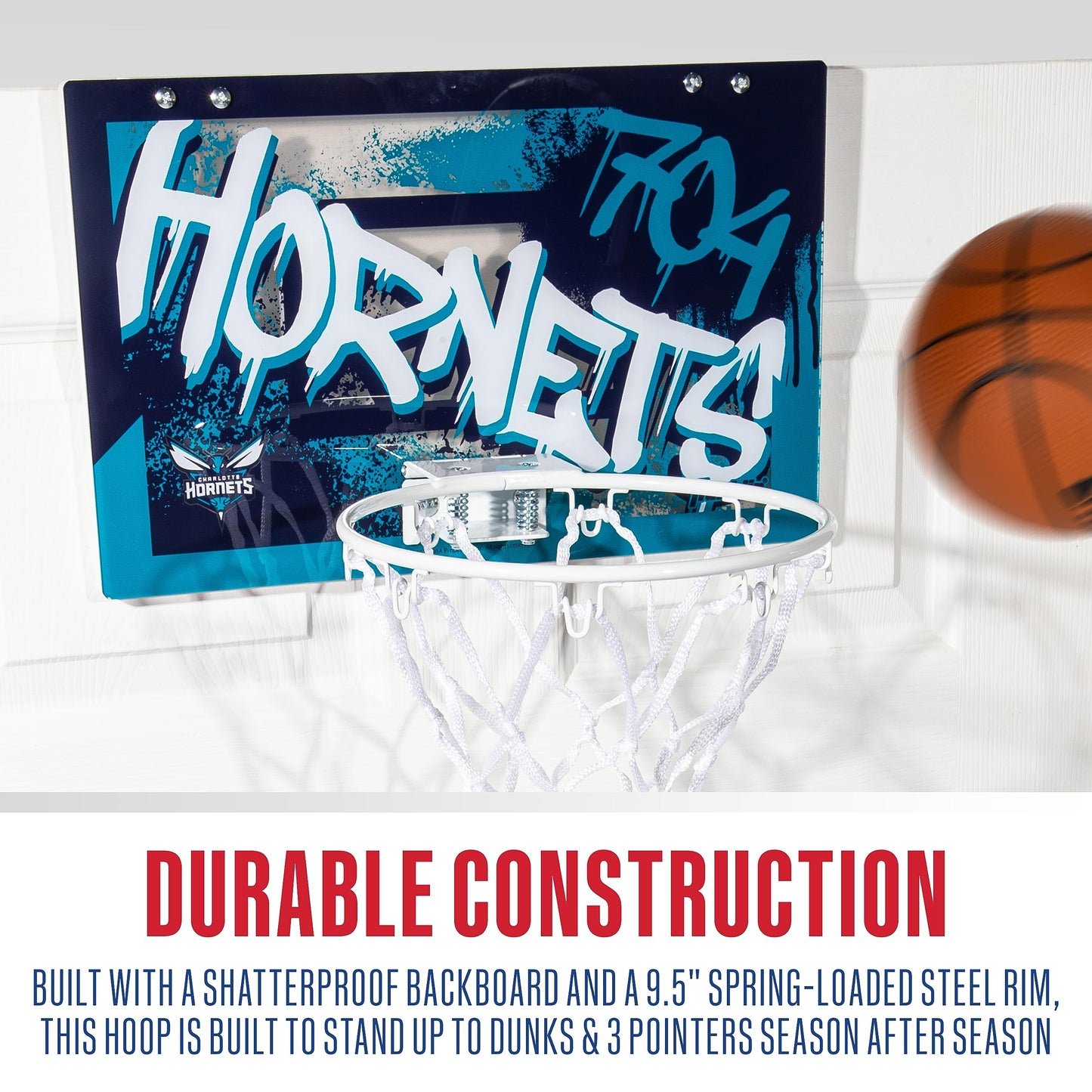 Franklin Sports NBA Charlotte Hornets Over The Door Basketball Hoop - Kids Indoor Hoop with Mini Basketball - NBA Fan Shop Toy for Bedroom + Office - Over The Door Set