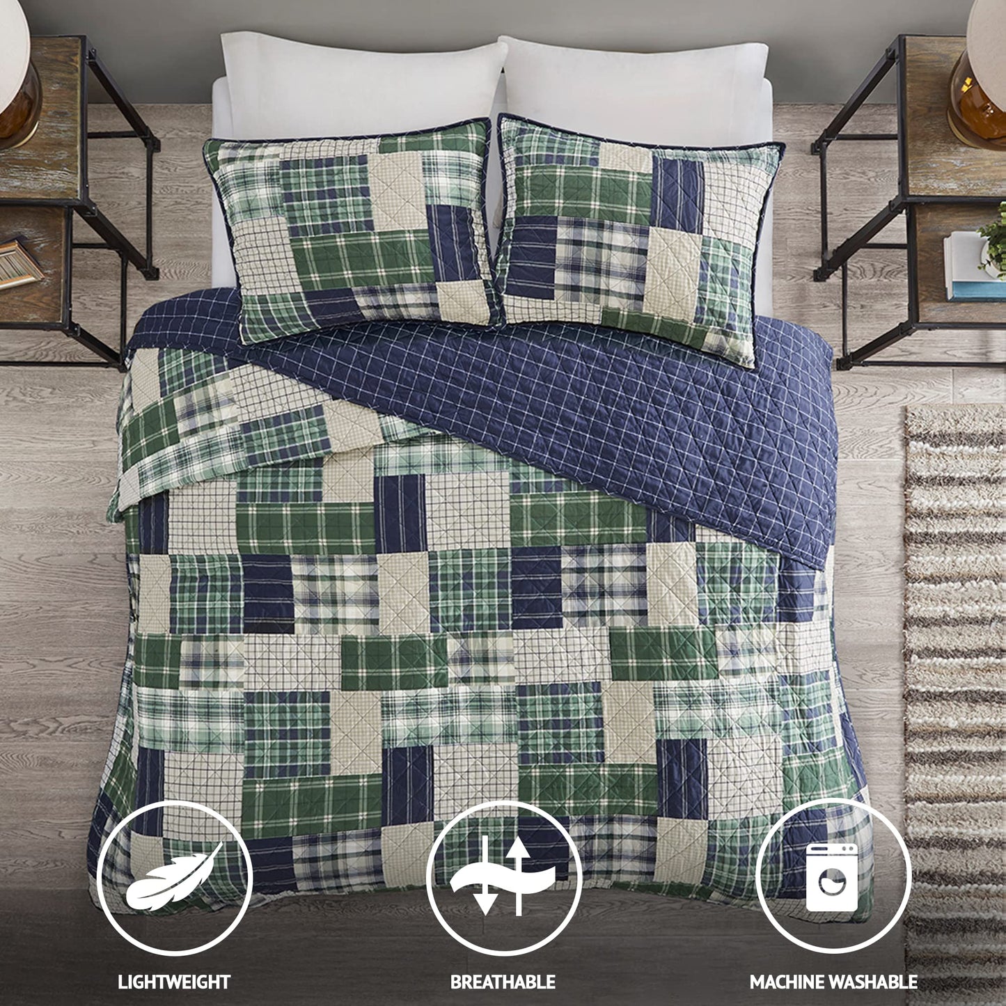 Madison Park Reversible Quilt Cabin Lifestyle Plaid Design - All Season, Breathable Coverlet Bedspread Bedding Set, Matching Shams, King/Cal King(104"x94"), Green/Navy 3 Piece