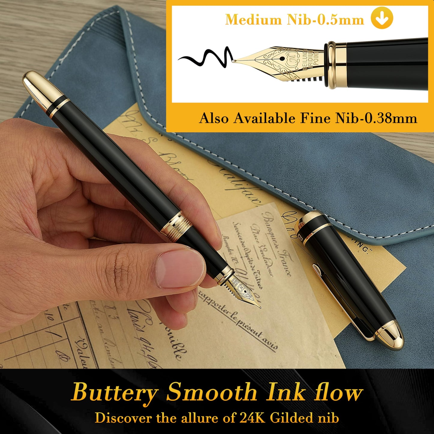 BEILUNER 315 Black Fountain Pen,Stunning Luxury Pens with 24K Gold Accents, Gorgeous 24K Gilded Nib(Medium), Ink Converter,Fancy Pen Gift for Men&Women-Elegant, Office, Reliable, Nice Design