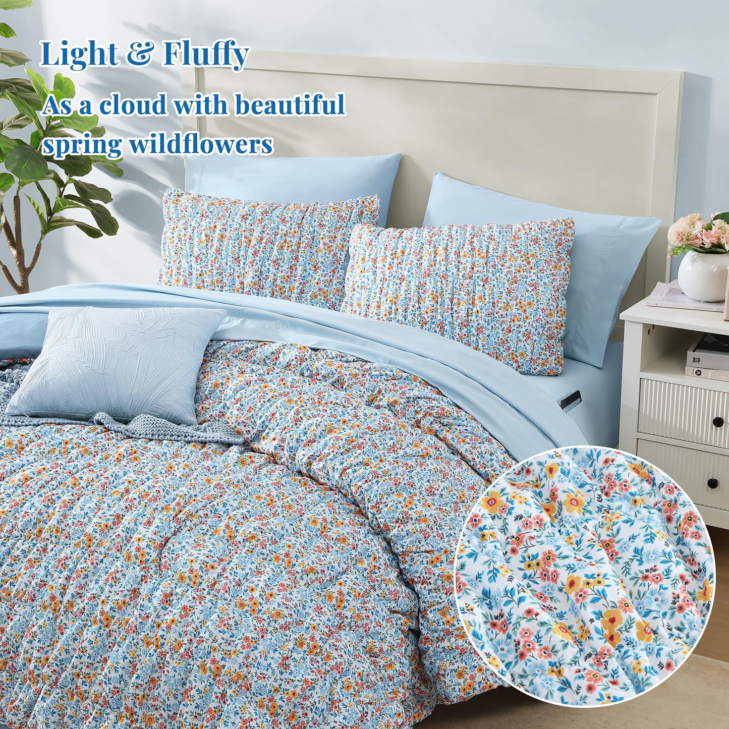 BLOOMHAVEN Full Size Comforter Sets-7 Pieces Puff Marigold Blue Floral Bedding Set for All Seasons, Shabby Chic Farmhouse Bed in a Bag Full with Floral Comforter, Sheets, Pillowcases & Shams