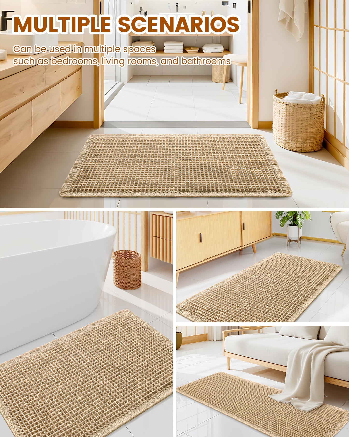 Smiry Waffle Bath Mat 72x24, Extra Soft Absorbent Bathroom Rugs, Non Slip Machine Washable Quick Dry Bath Rugs for Bathroom Floor, Tub, Shower, Home Decor Accessories, Brown