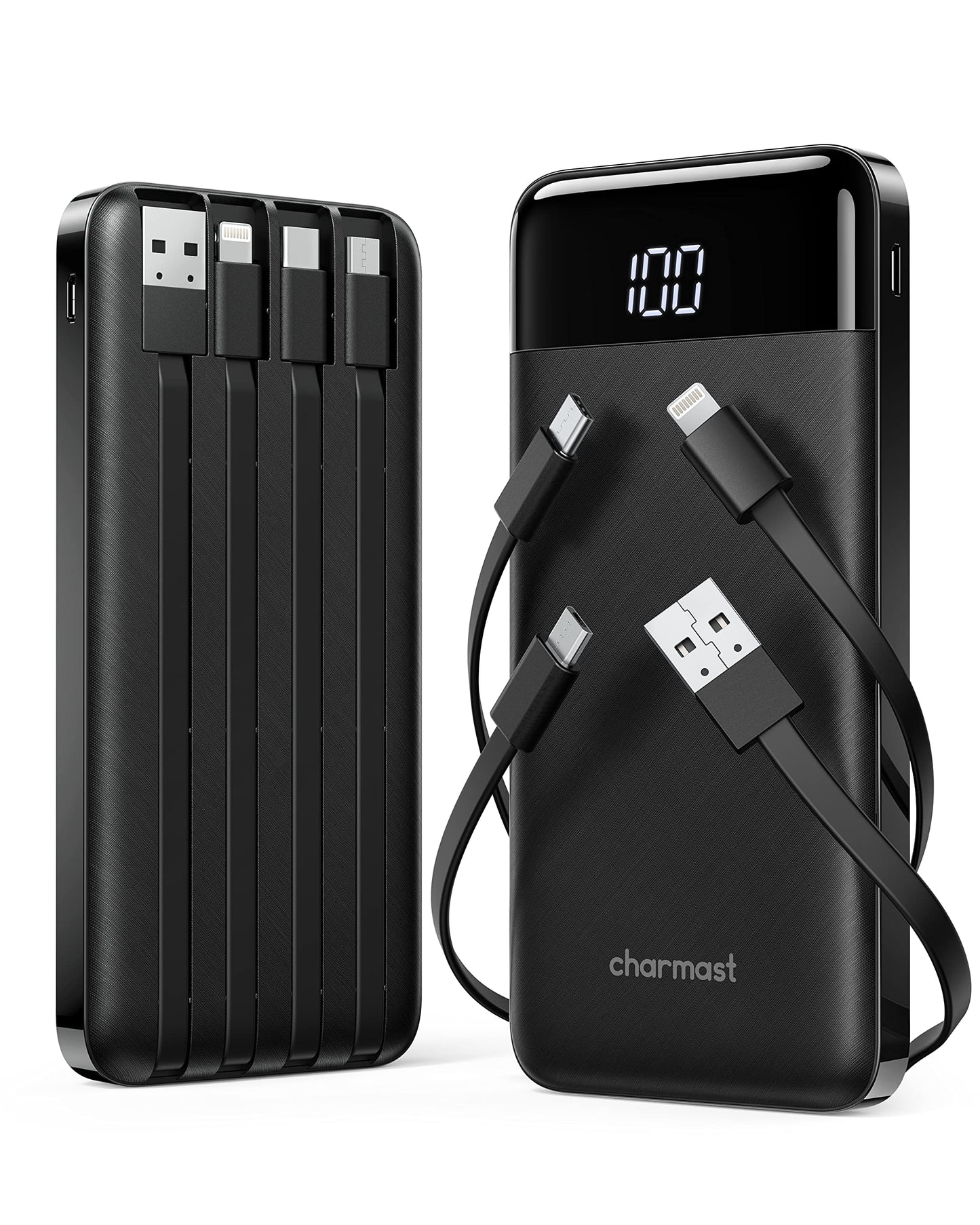 2 Packs Portable Chargers with Built in Cables, 2PCS Slim 10000mAh Travel Essentials Battery Pack 6 Outputs 3A Power Banks for iPhone Samsung Pixel LG Moto iPad