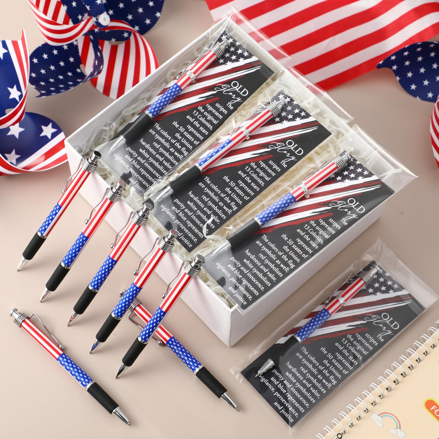 Motiskyy 100 Sets Patriotic 4th of July Gifts American Flag Ballpoint Pens Bulk Independence Day USA Pen with Bookmarks 250th Anniversary Party Favors for Home Office Veterans Souvenirs Supplies