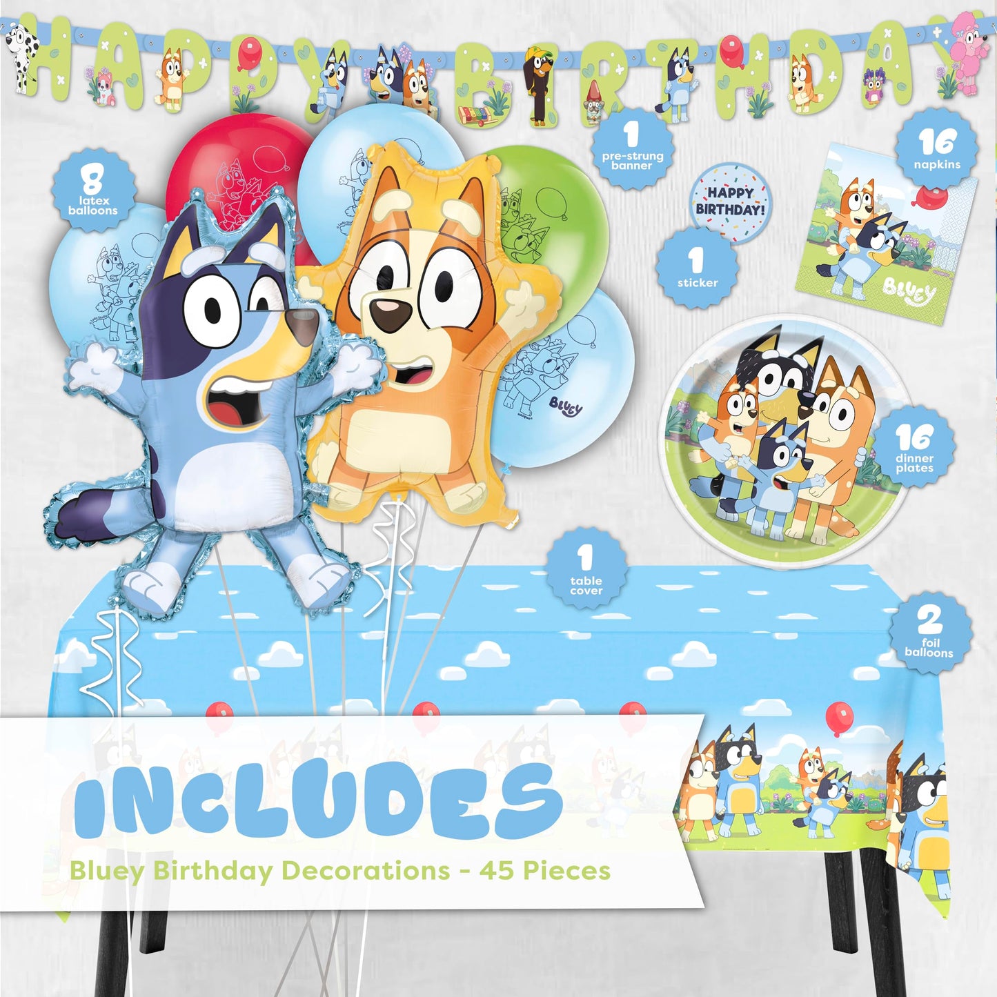 Bluey Birthday Decorations and Party Supplies | Serves 16 Guests | Bluey Party Decorations | Banner, Tablecloth, Foil and Latex Balloons, Plates and Napkins, Sticker | Officially Licensed