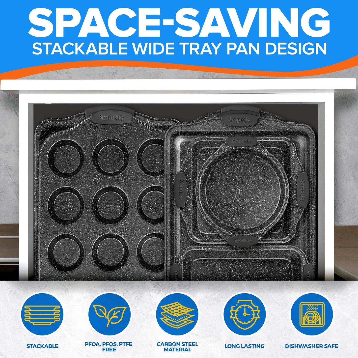 Emporio Kitchen Baking Pan Set - Nonstick Coating, Carbon Steel Bakeware Set with Gray Silicone Handles, PFOA, PFOS, PTFE Free, Recipe Booklet Included, Oven Safe Tray (Up To 450° F), Set of 25 - Gray