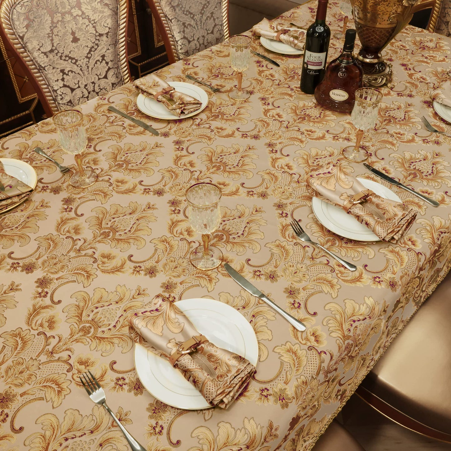 Loom and Mill Luxury Rectangle Tablecloth 60 x 120 Inches, Elegant Damask Golden Floral Waterproof Table Cover with Handmade Tassels for Dining Table Banquets Decorations(Beige, 60"x120")