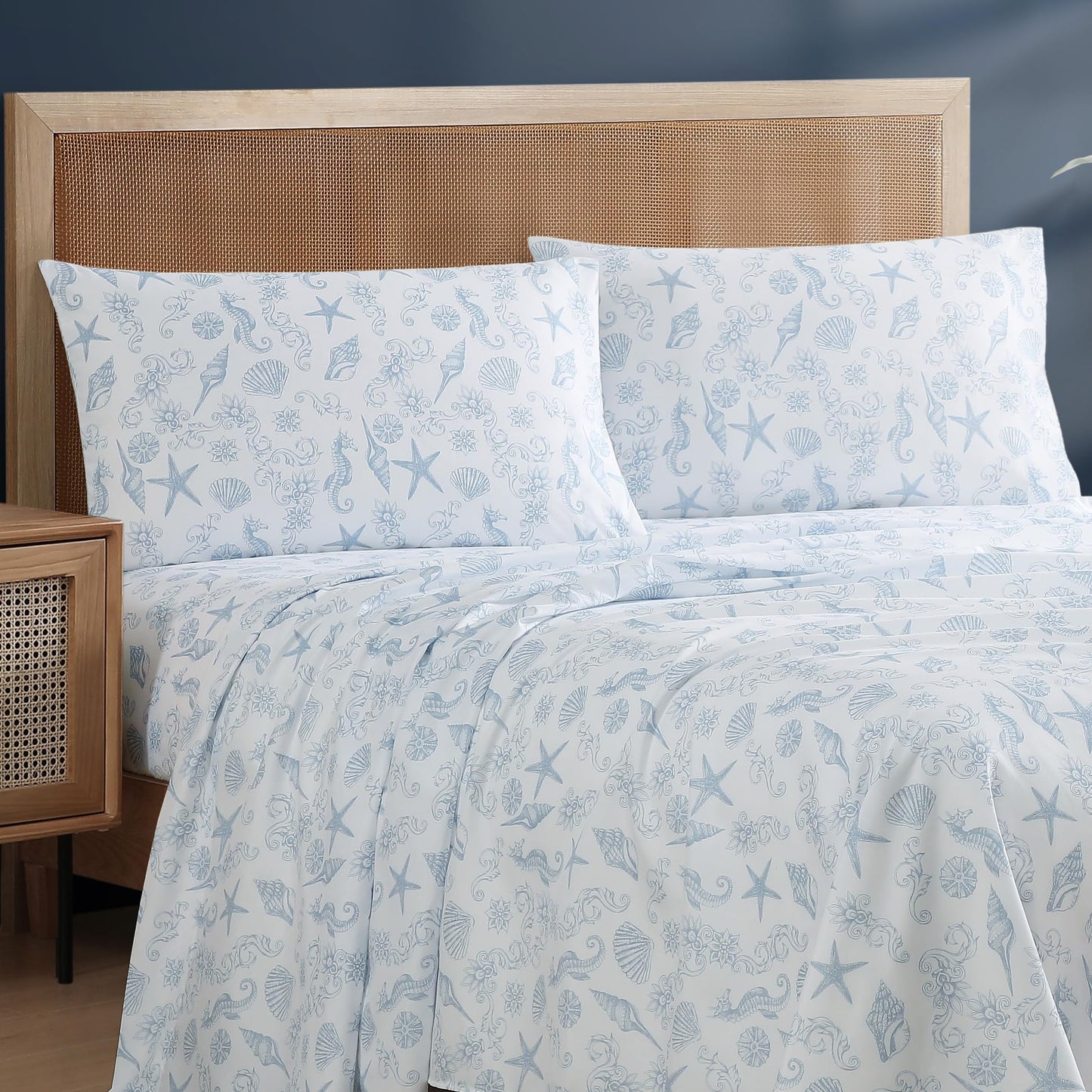 Caribbean Joe Coastal Print Microfiber Sheet Set, Soft, Comfy, 12" Deep Pockets, 4-Piece Full, Coastal Brocade