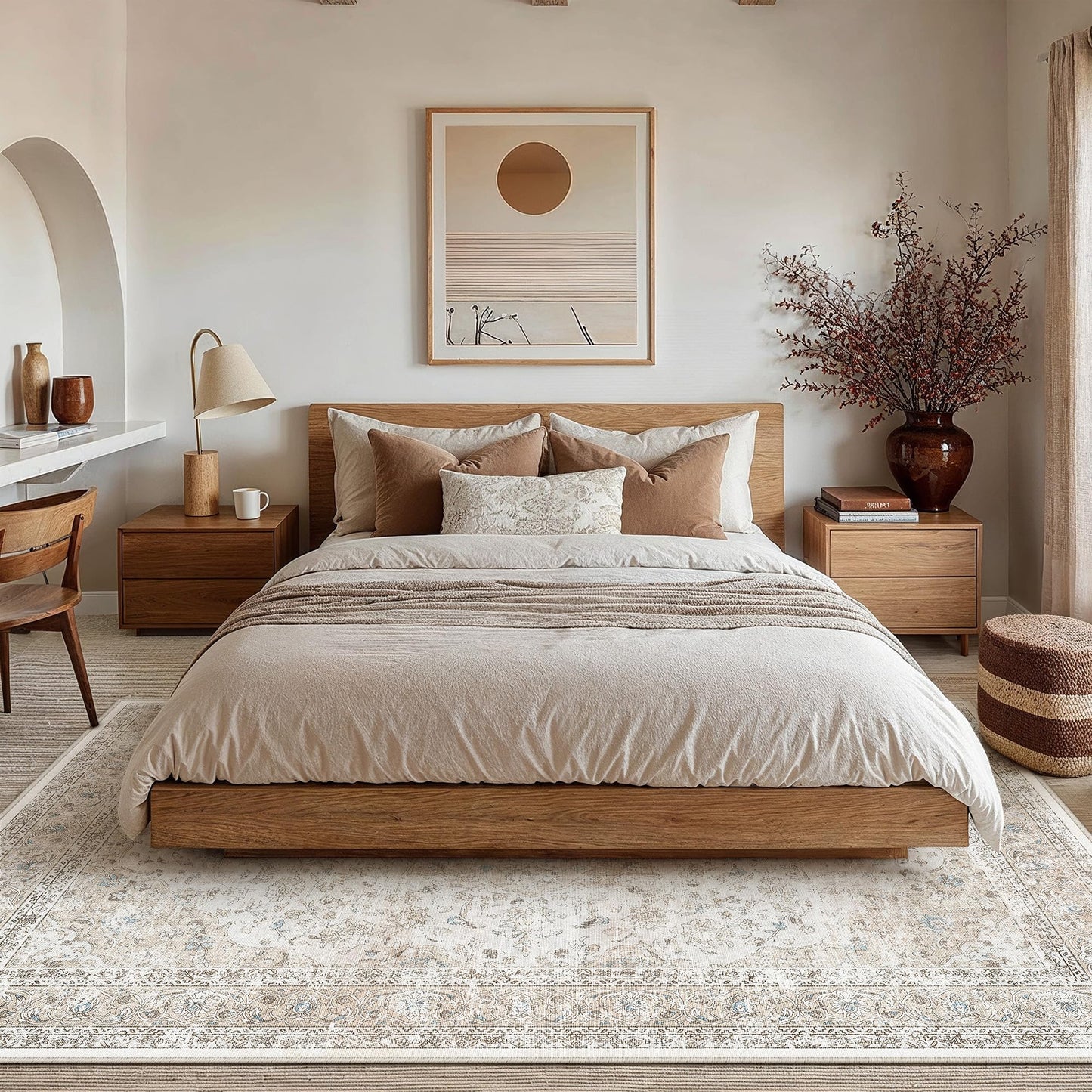WondRg 6x9 Washable Vintage Area Rug for Living Room Bedroom Beige Grey Soft Tranditional Non Slip Large Throw Rug Lightweight Floral Low Pile Distressed Carpet Office Playroom Dinning Laundry Room