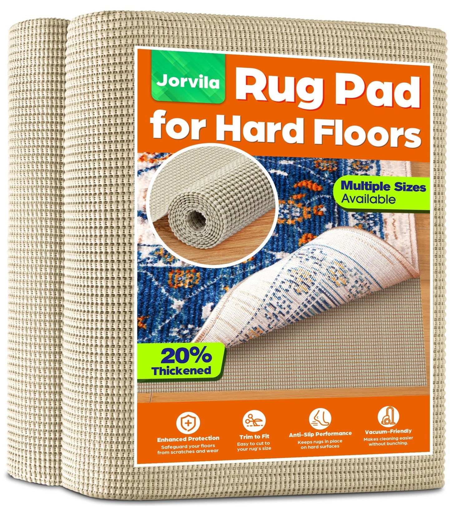 Jorvila Non-Slip Rug Pad Gripper 8x10 Feet, Anti Skid Mat for Under Area Rugs, Keeps Rugs in Position and Safe, Thick Cushioned Carpet Pad for Hardwood Floors Protection