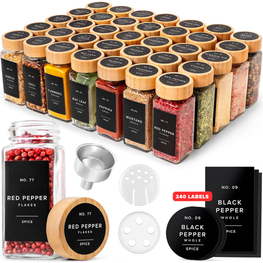 EDELHAUS® Square Spice Jars with Bamboo Wooden Lid (Pack of 36) Spice Jars with Shaker Insert and 240 Labels - Bamboo Lid Glass Container for Spice Organisation [4.3 in × 1.8 in]